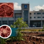 Caltrop plant in foreground, background image with photo of diseased liver, medical emergency logo