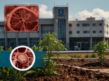 Caltrop plant in foreground, background image with photo of diseased liver, medical emergency logo