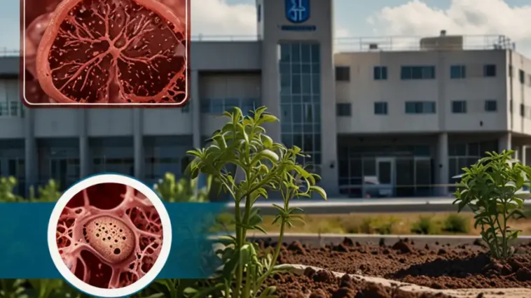 Caltrop plant in foreground, background image with photo of diseased liver, medical emergency logo
